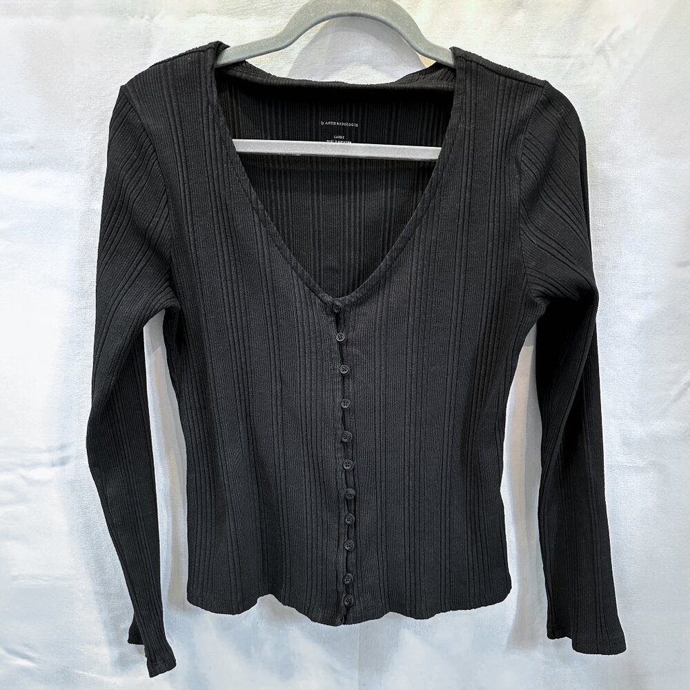 Anthropologie Ribbed Henley Top Long Sleeve Ribbed Pullover Blouse Size Large